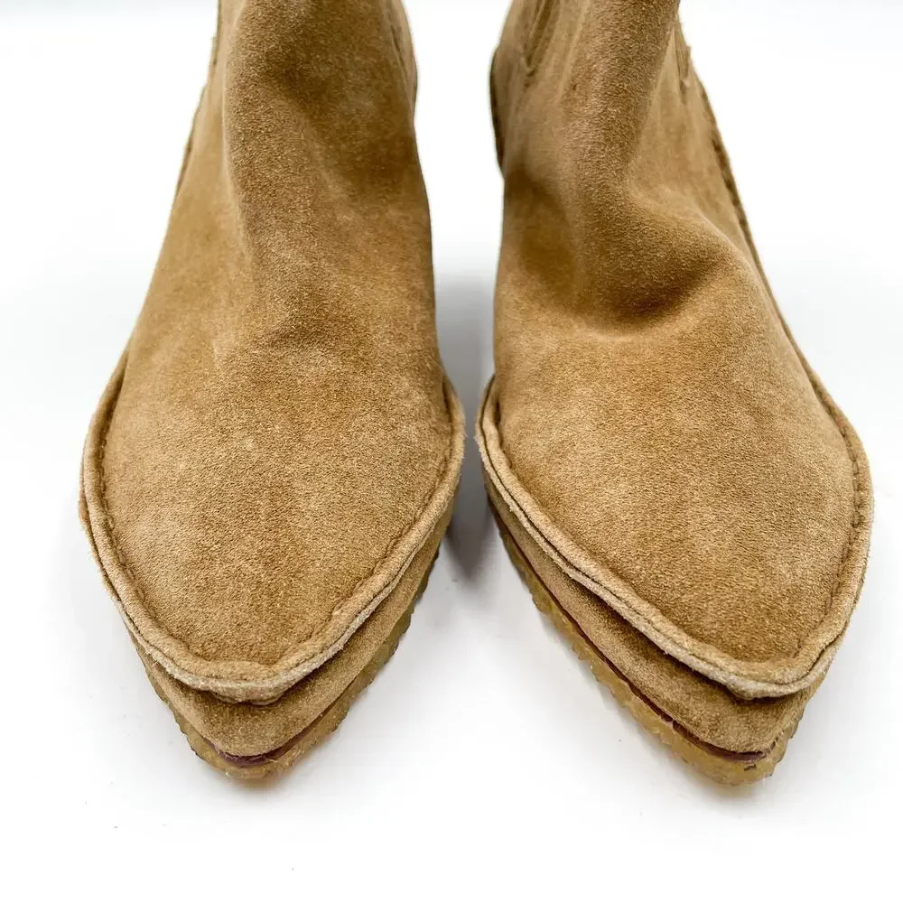 Tory Burch Lila Boots Brown Suede Pointed Block Heel Ankle Western Booties Sz‎ 6